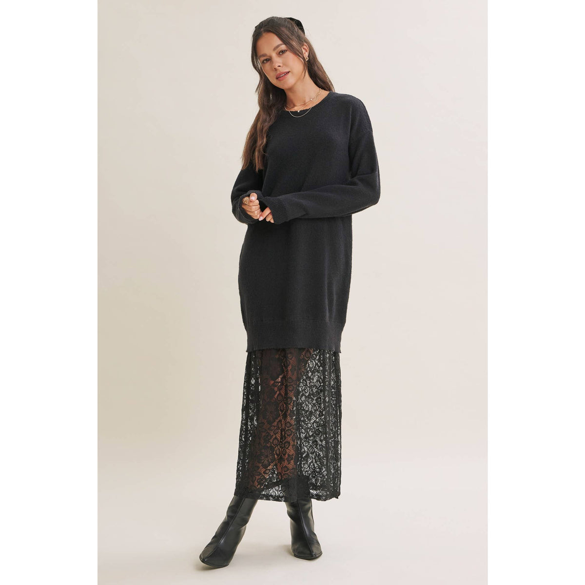 in february - SNOWFALL ROMANCE LACE LAYERED SWEATER MAXI TWOFER DRESS: BLACK