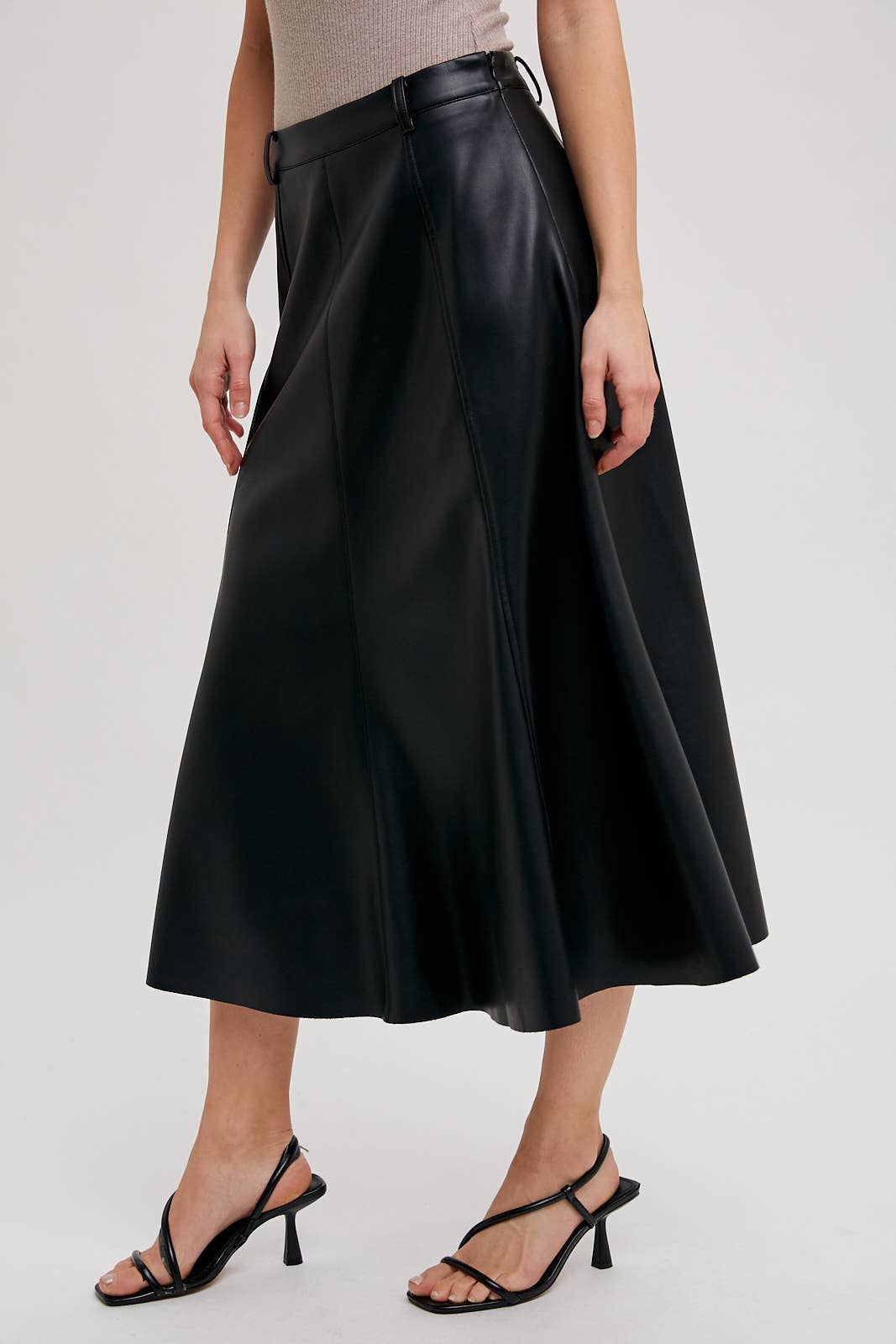 FAUX LEATHER FLARE MIDI SKIRT: Black