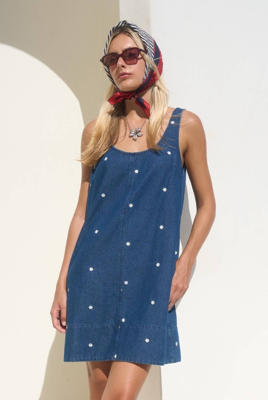 Embroidered Denim Sleeveless Mini Summer Dress: DENIM BLUE