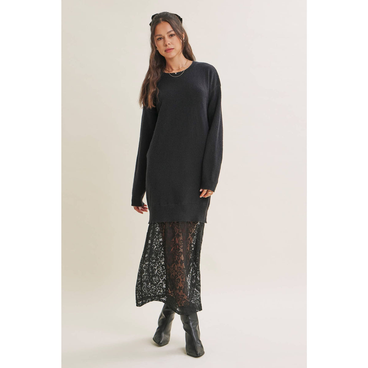 in february - SNOWFALL ROMANCE LACE LAYERED SWEATER MAXI TWOFER DRESS: BLACK