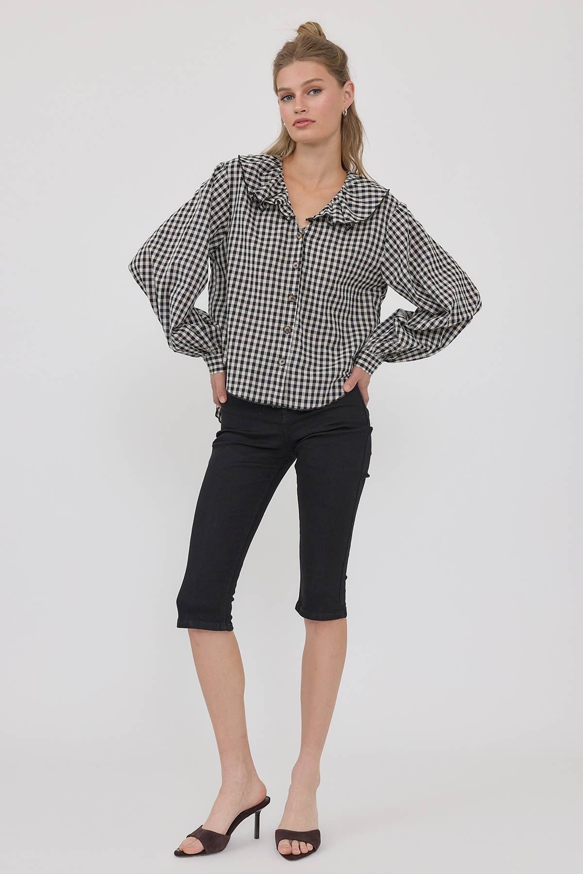 RAISONNEL - Gingham Ruffle Collar Button-Up Blouse - RT1317: BLACK / S-M-L (3-2-1)