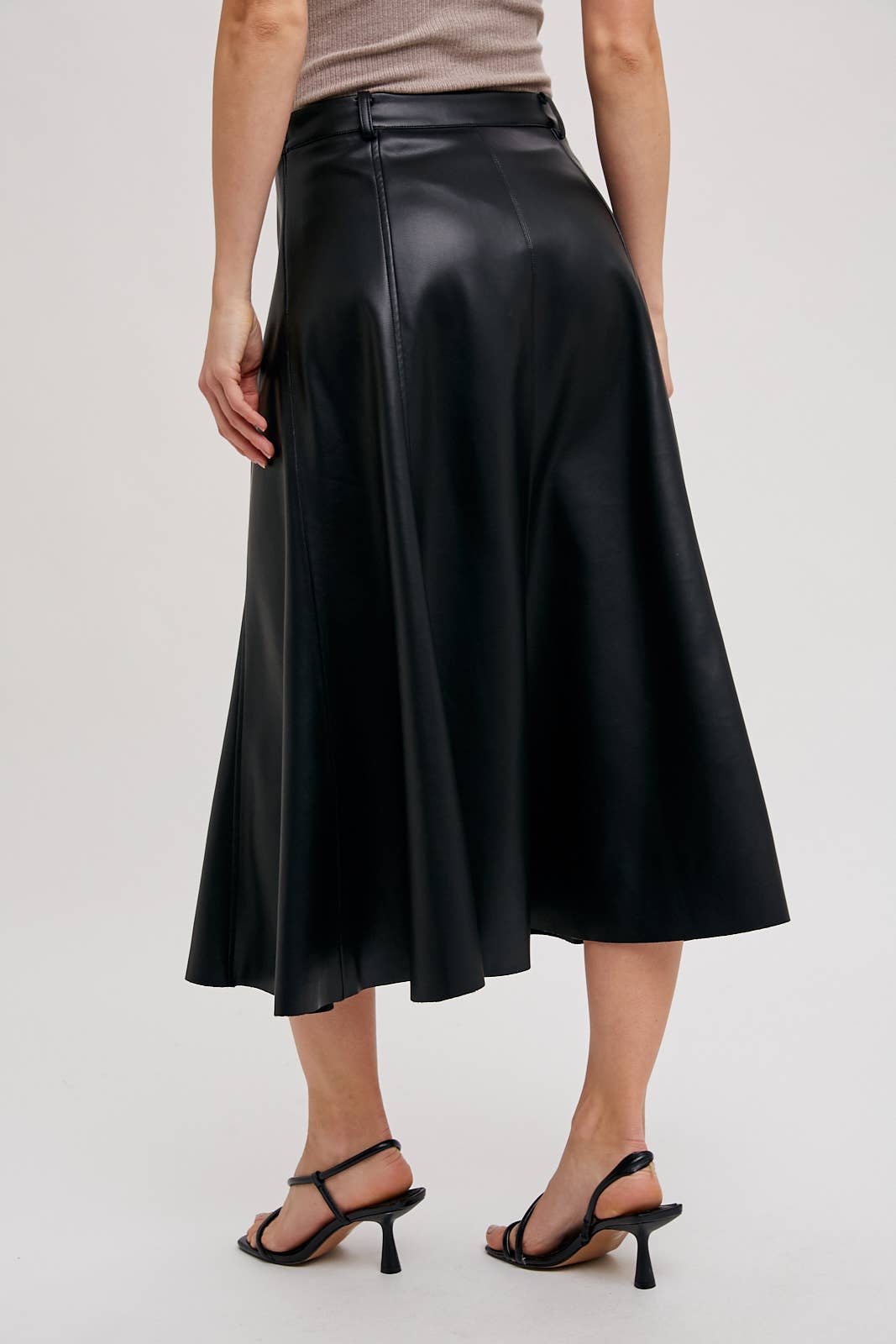 FAUX LEATHER FLARE MIDI SKIRT: Black