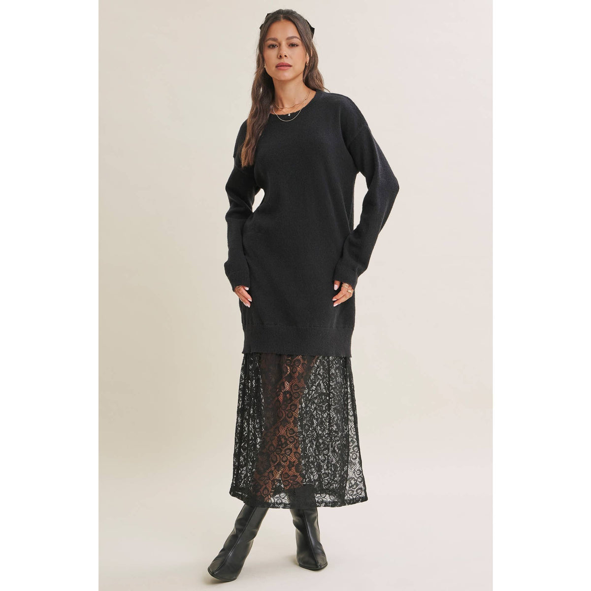 in february - SNOWFALL ROMANCE LACE LAYERED SWEATER MAXI TWOFER DRESS: BLACK
