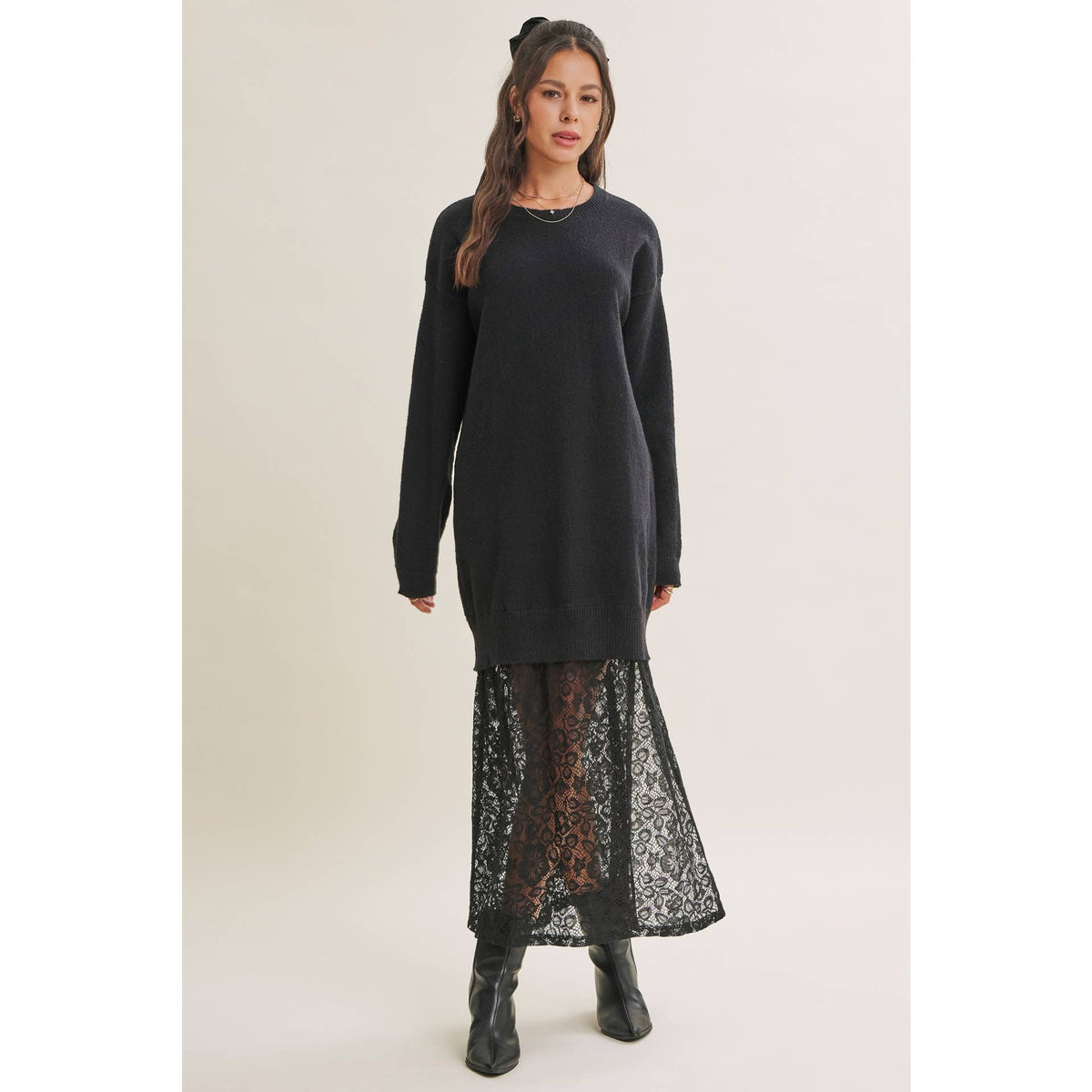 in february - SNOWFALL ROMANCE LACE LAYERED SWEATER MAXI TWOFER DRESS: BLACK