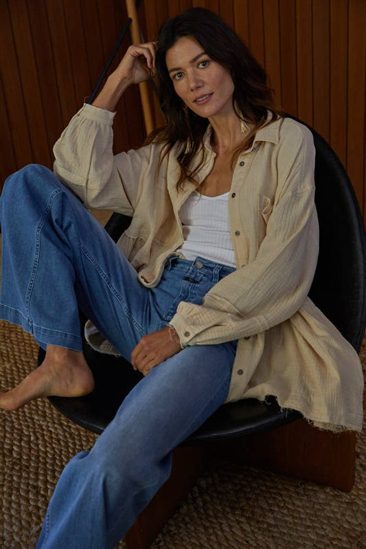 By Together - L5035 - Woven Cotton Gauze Oversized Shirt Tunic: Sand