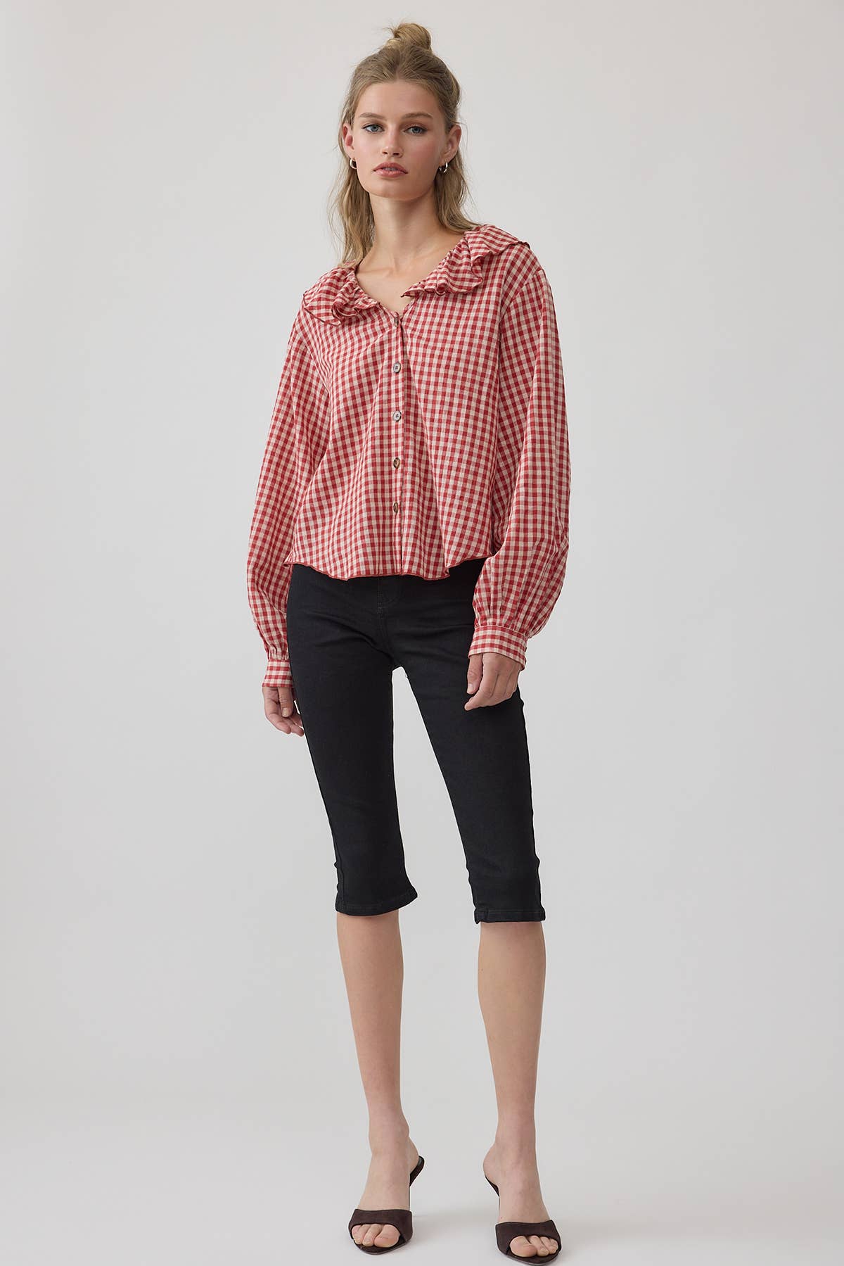 RAISONNEL - Gingham Ruffle Collar Button-Up Blouse - RT1317: BLACK / S-M-L (3-2-1)