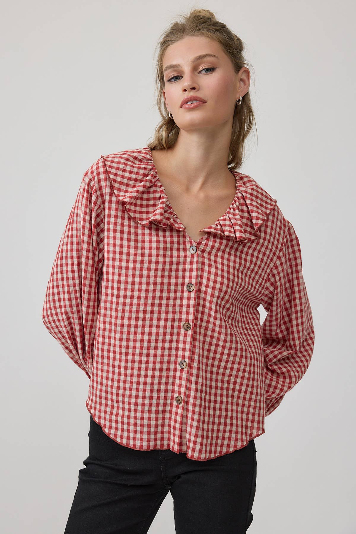RAISONNEL - Gingham Ruffle Collar Button-Up Blouse - RT1317: BLACK / S-M-L (3-2-1)
