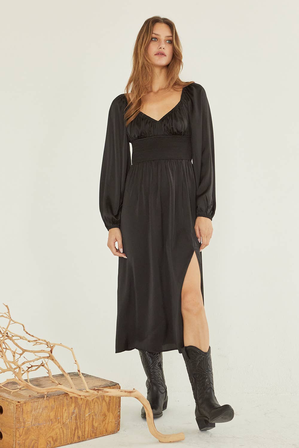 Crescent - CD8131 - Nubia Satin Midi Dress: BLACK