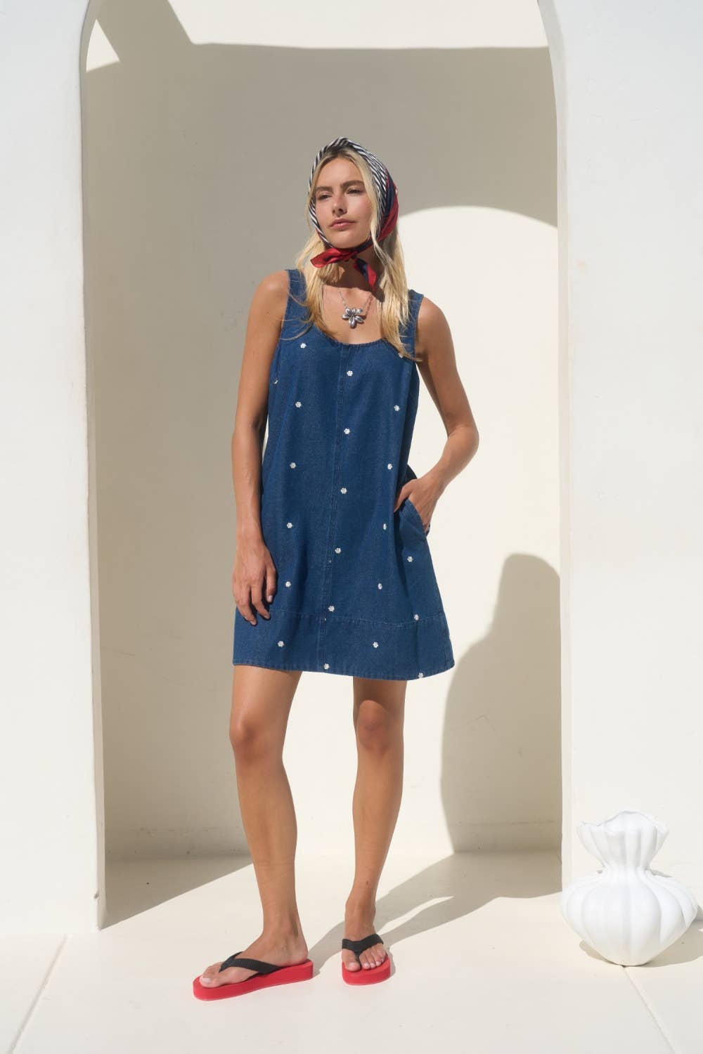 Embroidered Denim Sleeveless Mini Summer Dress: DENIM BLUE