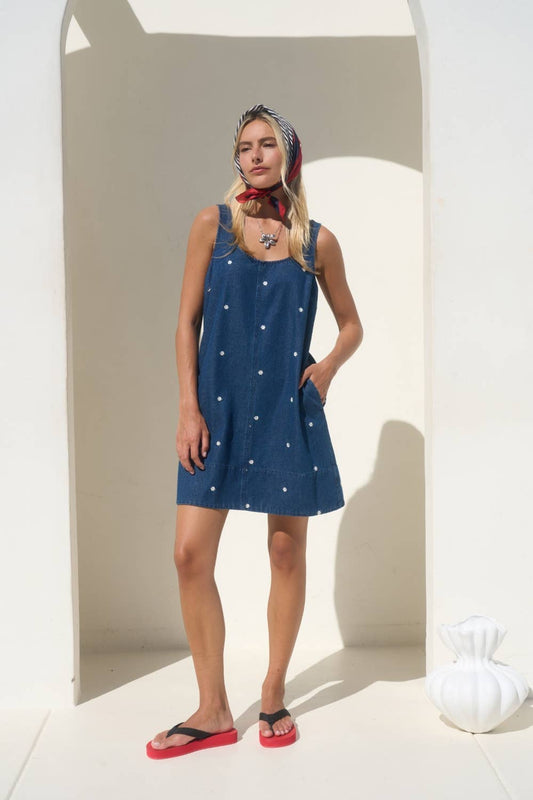 Embroidered Denim Sleeveless Mini Summer Dress: DENIM BLUE