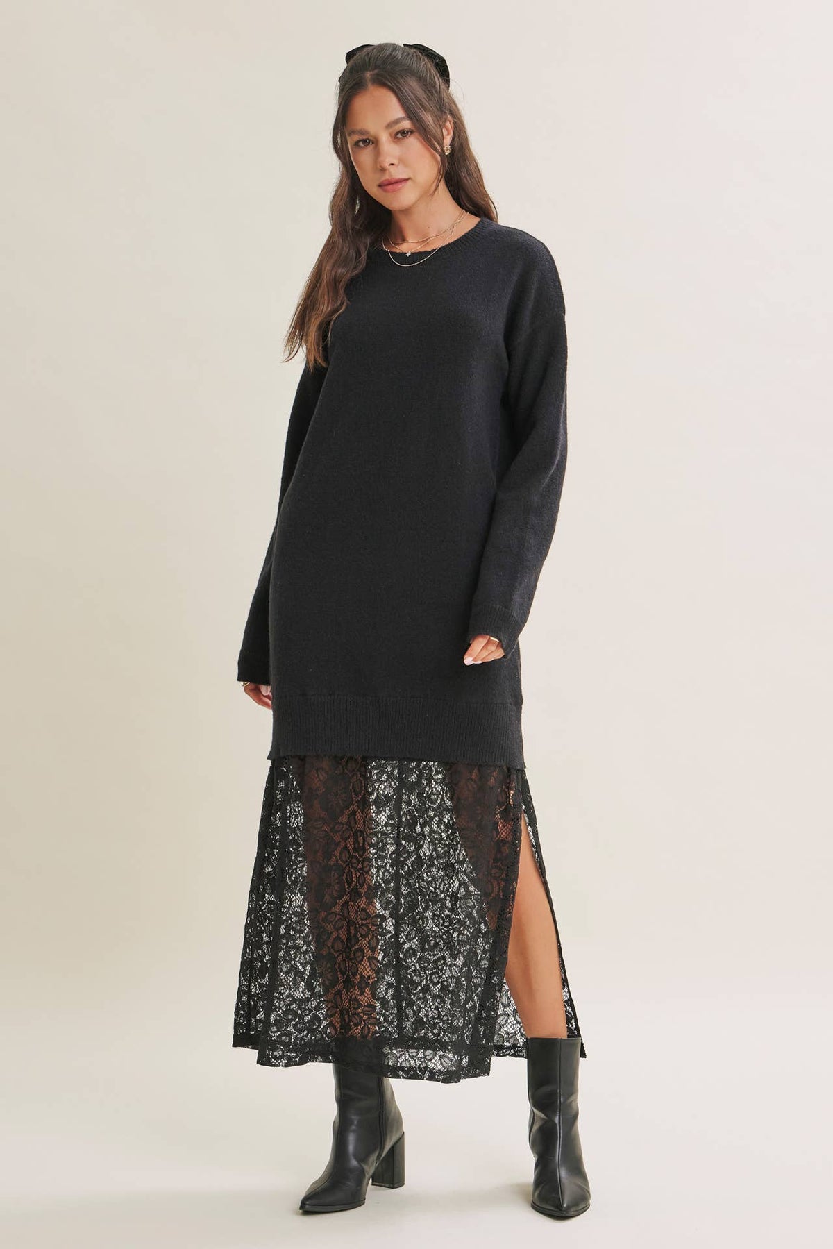 in february - SNOWFALL ROMANCE LACE LAYERED SWEATER MAXI TWOFER DRESS: BLACK