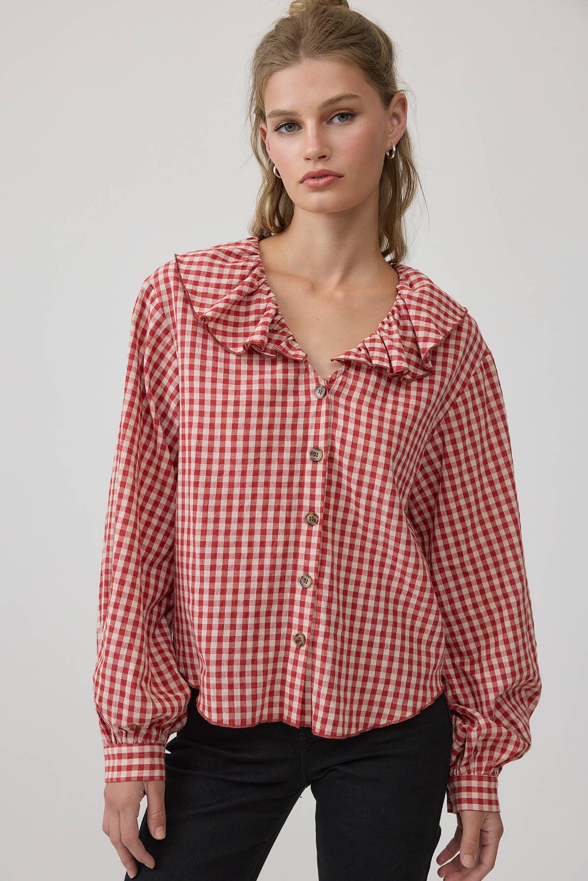 RAISONNEL - Gingham Ruffle Collar Button-Up Blouse - RT1317: BLACK / S-M-L (3-2-1)