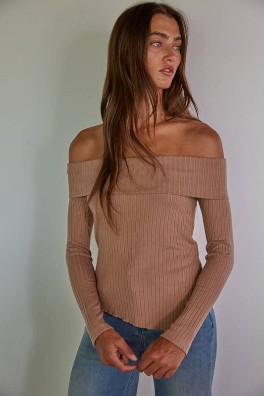 Knit Ribbed Fold Over Off The Shoulder Top: Light Brown