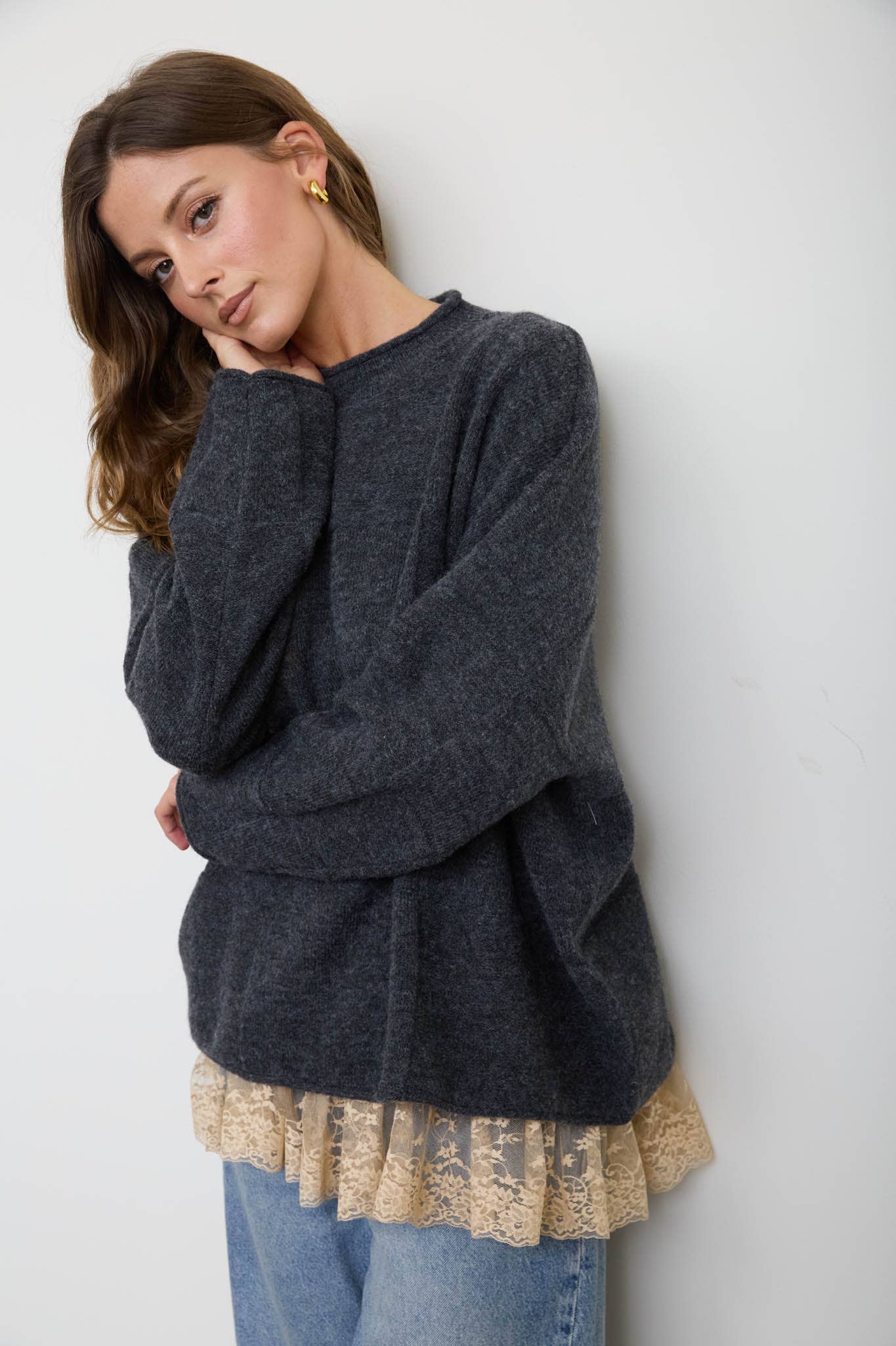 Blu Pepper - HEATHERED CHECKERED TEXTURE LONG SLEEVE SWEATER: CHARCOAL