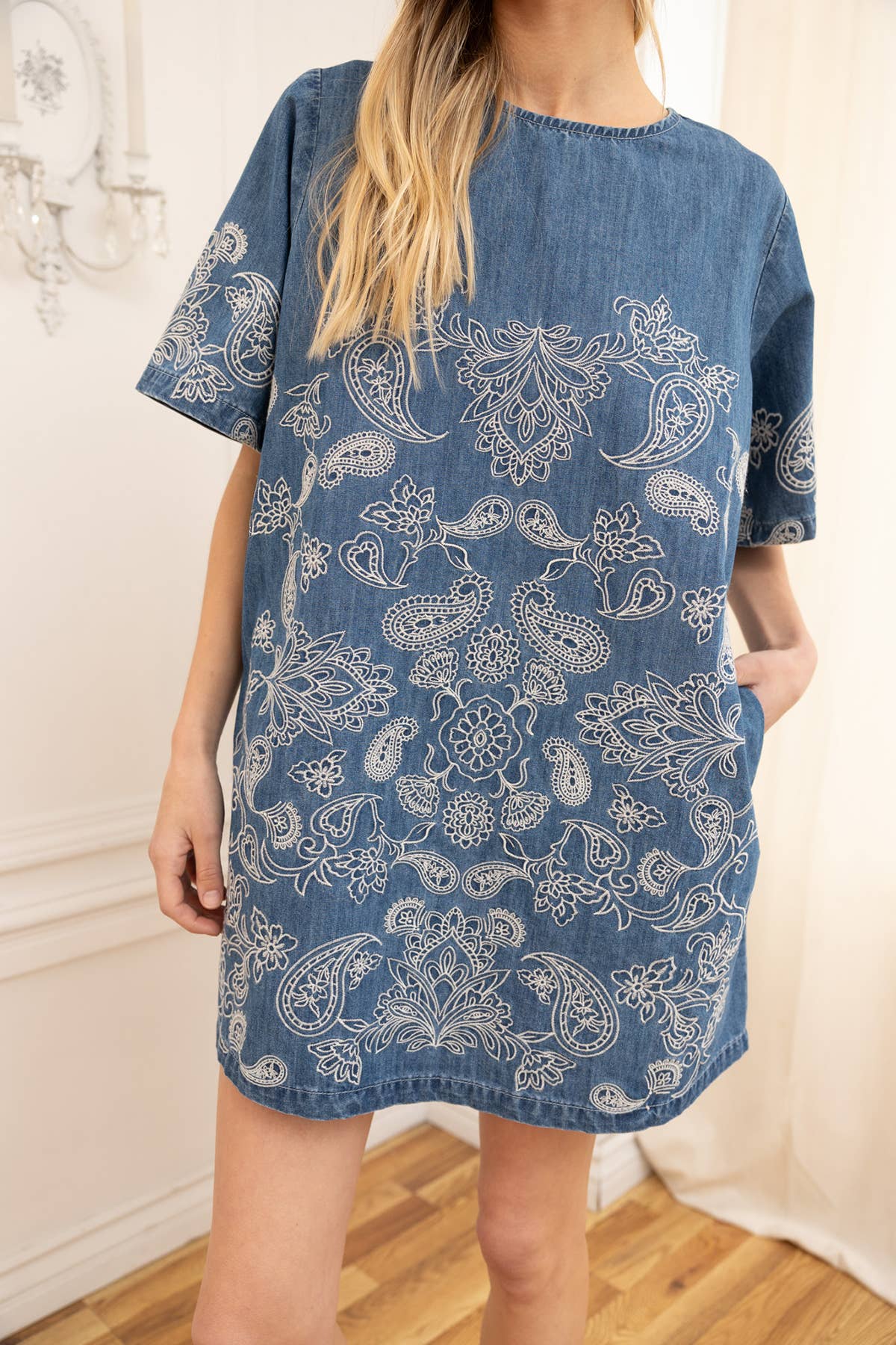 Denim Paisley Embroidery Tunic Dress
