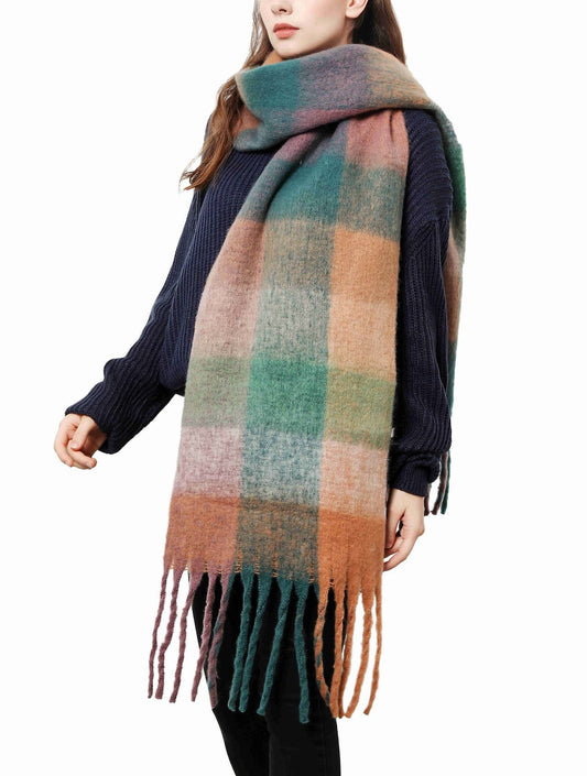 Plaid Long Fringe Cozy Fuzzy Scarf: Green-Coffee