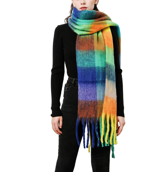 Plaid Long Fringe Cozy Fuzzy Scarf: Blue-Green