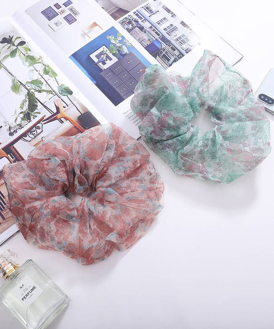 JC Sunny Fashion - Pink & Aqua Floral Chiffon Oversize Scrunchie
