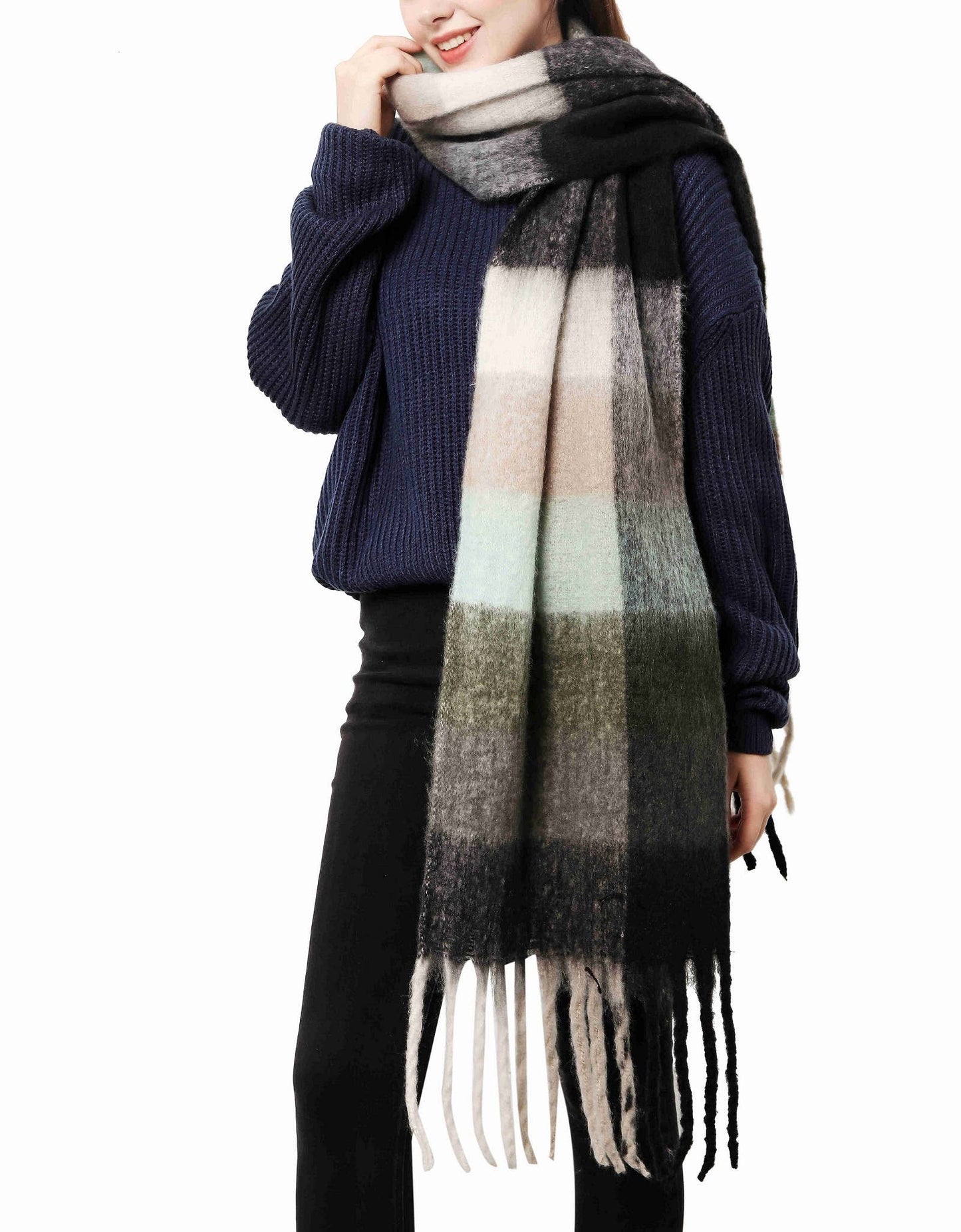 Plaid Long Fringe Cozy Fuzzy Scarf: Black-Grey