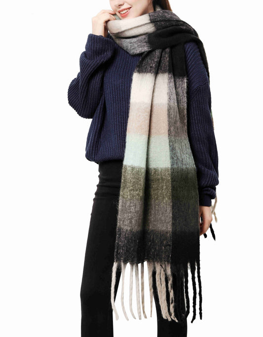 Plaid Long Fringe Cozy Fuzzy Scarf: Black-Grey